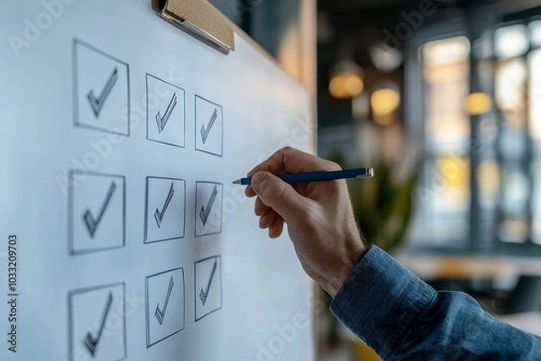 Fototapeta Action plan step by step checklist to progress and finish project, procedure or action steps to develop and complete work concept, businessman present, Generative AI