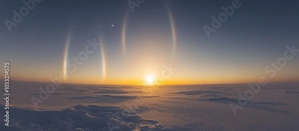 Fototapeta Aerial view of a sunset with three halos around the sun, above a sea of clouds.