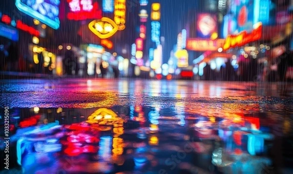 Obraz Blurry city lights reflected in wet pavement.