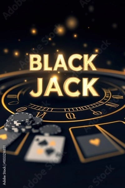 Fototapeta a black jack table with coins and text BLACK JACK in golden color on a black background