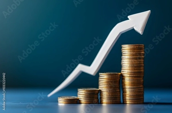 Fototapeta Arrows pointing up and down growing on a stack of coins against a blue background.