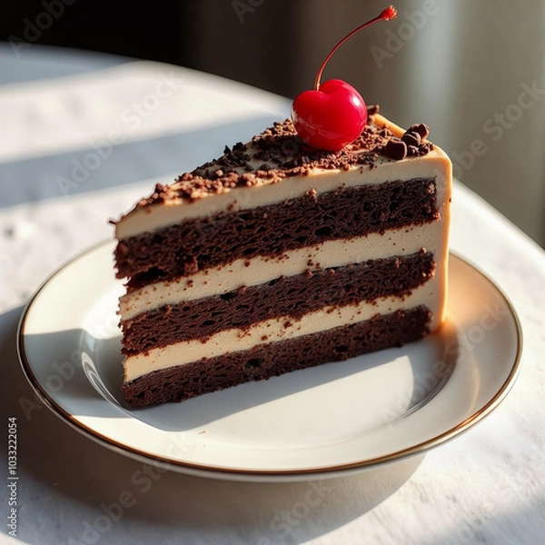Fototapeta Slice of chocolate cake with a cherry on top sits on a white plate