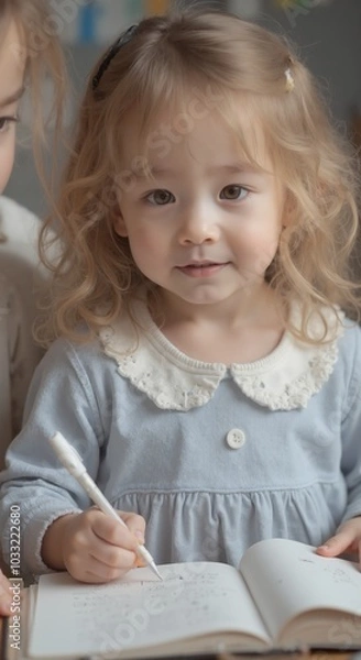 Obraz zoe - Focused Young Girl in Blue Dress with Peter Pan Collar Writing, Capturing Childhood Learning and Concentration