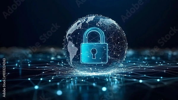 Fototapeta A secure padlock hovering above a wireframe globe, with data connections linking continents.
