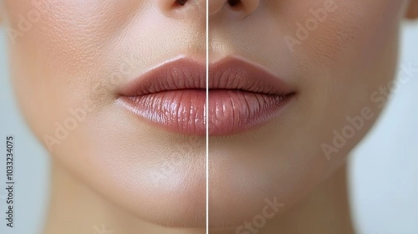 Fototapeta Close-up shot of the area around the mouth, showcasing the effectiveness of Botox in removing wrinkles, with detailed before-and-after comparison, Crisp Focus, Realistic
