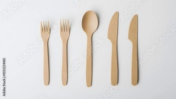 Fototapeta disposable eco tableware made of cardboard spoon fork knife Sustainable planet, on a white background to insert the layout. 