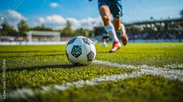 Fototapeta A close-up photo of a soccer player running on the field during a game. The image suggests the excitement and competition of sports, with the crowded stadium adding to the atmosphere.