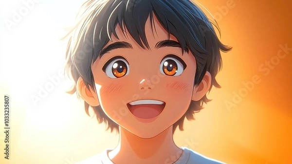 Fototapeta Realistic face of a 16-year-old boy, looking joyful with a wide smile and twinkling eyes, against a clean, vibrant background. Represents happiness and energy. High resolution Illustration, in the