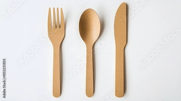 Fototapeta disposable eco tableware made of cardboard spoon fork knife Sustainable planet, on a white background to insert the layout. 