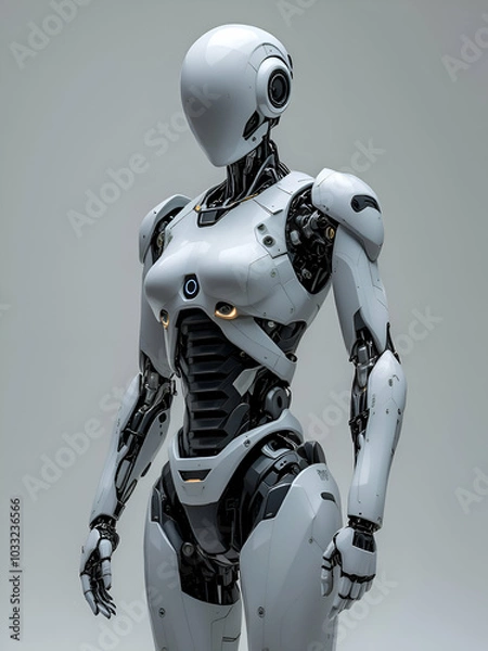 Fototapeta A white humanoid robot with intricate mechanical details, featuring a smooth, rounded head, exposed joints, and a sleek, futuristic design. It stands against a light grey background, ready to interact