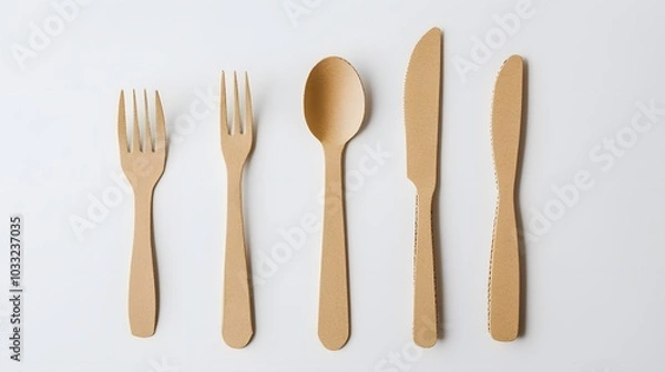 Fototapeta disposable eco tableware made of cardboard spoon fork knife Sustainable planet, on a white background to insert the layout. 