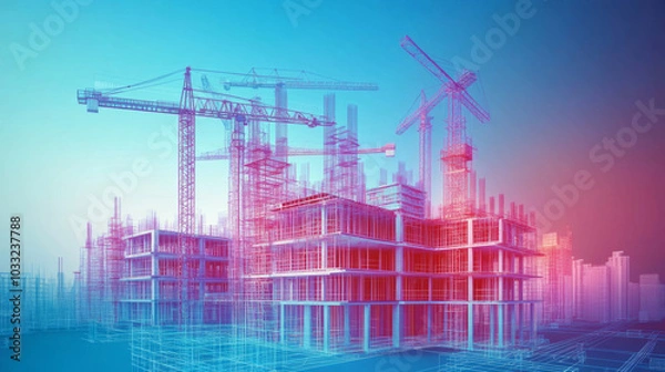 Fototapeta Smart cities and digital twins are helping the construction industry.Uses technology to create virtual models of buildings,making construction planning and management easier.low poly digital wireframe