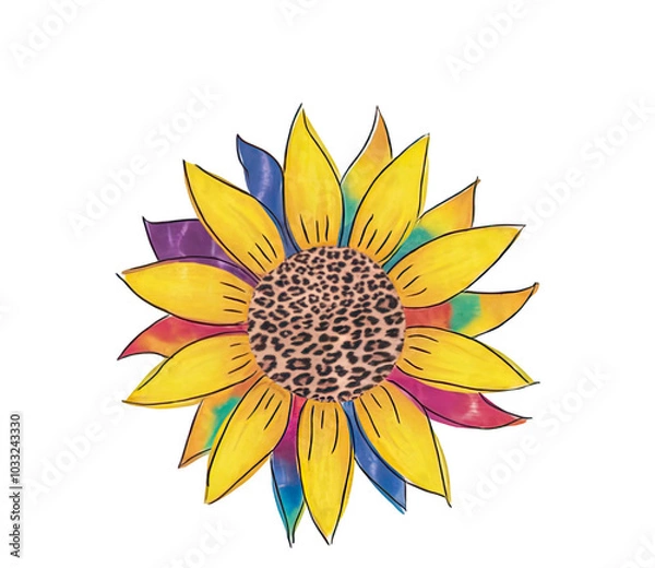 Fototapeta Leopard tie-dye sunflower with colorful petals, Vibrant sunflower design featuring a leopard print center and tie-dye rainbow petals, creating a bold, eclectic look.

