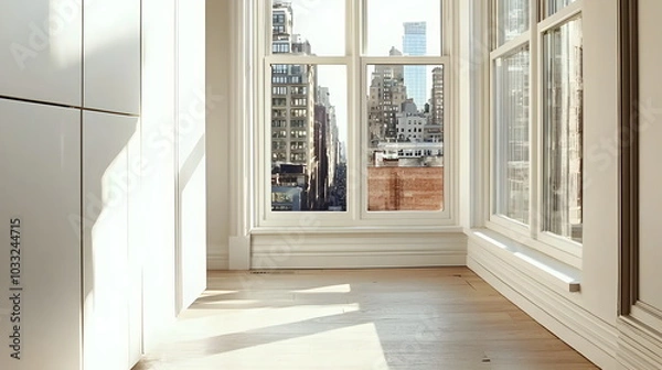 Fototapeta Sunlit Sanctuary: A serene window sill scene, featuring a white mug and a small succulent bathed in soft sunlight. Perfect for minimalist home decor, wellness, and relaxation themes.