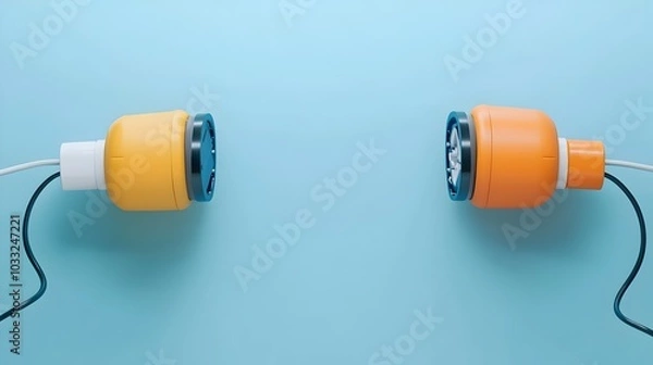 Fototapeta Two disconnected electrical plugs or power cords placed side by side ready to be reconnected and restore the flow of electricity between devices or equipment