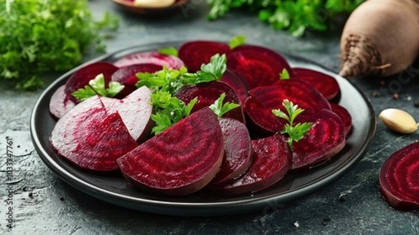 Fototapeta Freshly sliced red beets served on an elegant plate, paired with a light dressing and herbs for a refreshing appetizer.