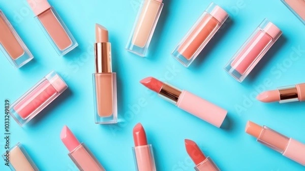 Fototapeta Pink lip gloss tint with color shading pallete smudge gel,Liquid lipsticks with smudge stroke paint,makeup cosmetic lips, product mockup for beauty fashion,swatch color,template.