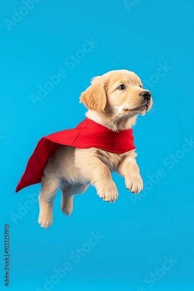Obraz Puppy flying in a red cape on blue background