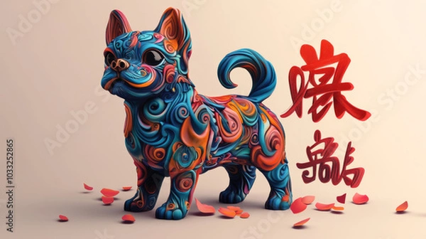 Fototapeta A colorful, digital dog with Chinese design elements represents the Chinese zodiac sign of the dog. The Chinese word beside it means "dog" in the zodiac.