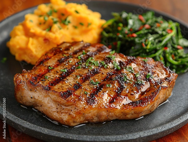 Fototapeta Grilled pork chop with crispy edges, served with a side of buttery mashed sweet potatoes and sautéed spinach, on a large round stone plate, with a wooden table and soft evening light.