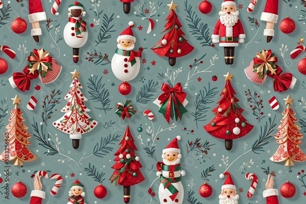 Fototapeta Christmas ornaments and decoration seamless pattern. Cute christmas seamless pattern