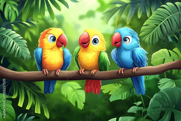 Fototapeta Three colorful cartoon parrots perched on a branch surrounded by lush green foliage.