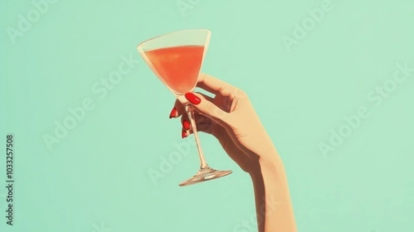Fototapeta a vintage retro female hand holding a cocktail isolated on a plain background, 1960s and 70s style