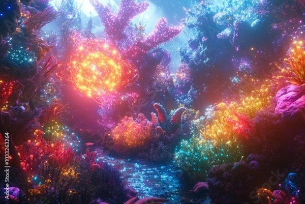 Fototapeta Dive into a vibrant underwater world filled with colorful coral and glowing marine life. This enchanting scene captures the beauty of ocean depths. Generative AI