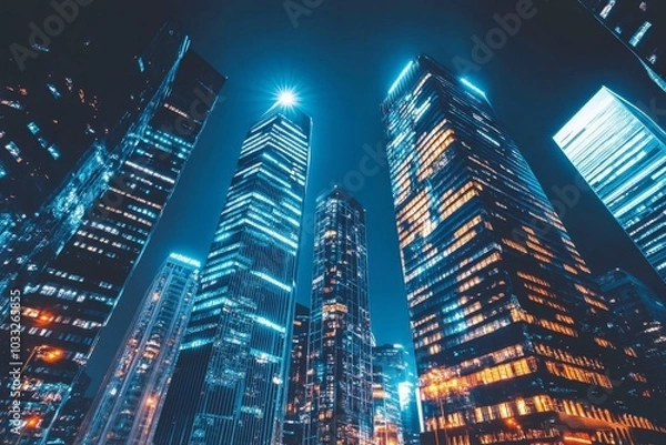 Fototapeta A low-angle shot of a city skyline at night with tall buildings lit up in a blue and yellow light.
