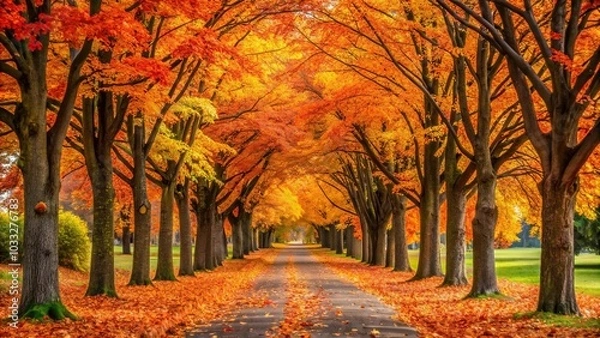 Fototapeta Pathway lined with colorful maple trees in autumn