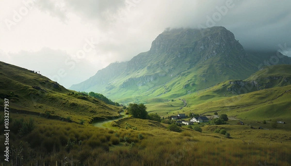Obraz Green scottish valley with rolling hills and misty mountains.