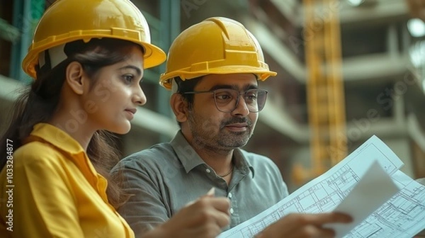 Fototapeta Indian civil engineers discussing building plans on-site while wearing protective gear