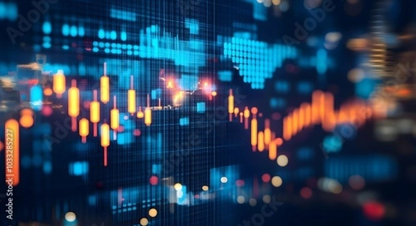 Fototapeta Stock market candlestick chart with a global map background, in blue and yellow colors, against a dark blue background, with a blurred background, 