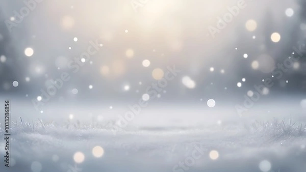 Fototapeta serene atmospheric landscape illustration depicting a winter scene with a soft focus on the foreground, which is covered in a blanket of snow and blurry bokeh background