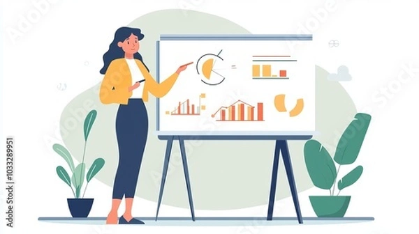 Obraz A woman is giving a presentation at a business seminar, using a pointer to highlight key points on a whiteboard.
