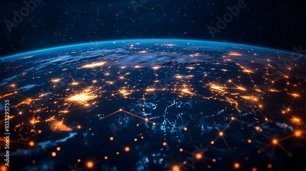 Fototapeta Illuminated city grid from above with glowing digital connections stretching across a world map, representing the global IT market, Sci-fi, Digital Art, Neon Glow, High-tech