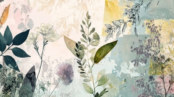 Fototapeta Artistic botanical illustration with layered textures and colors