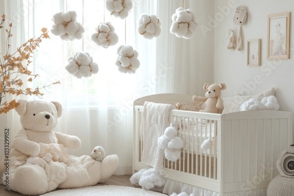 Fototapeta Stylish scandinavian newborn baby room with toys, plush animal, photo camera and child accessories. Cozy decoration and hanging cotton balls on the white wall. Copy, Generative AI