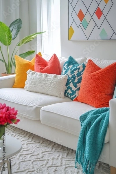 Fototapeta Bright and cozy living room with a white sofa, colorful pillows, and playful decor elements. A large window and minimalist lighting create a serene and inviting, Generative AI