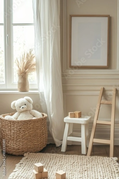 Fototapeta Interior design of kids room interior with wicker basket, plush animal toys, poster, wooden blockers, ladder, white stool, beige wall with stucco and personal accessories. Home decor, Generative AI