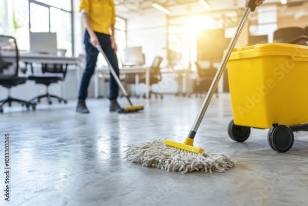 Obraz Dedicated janitor cleaning the office floor with a mop and trolley in action