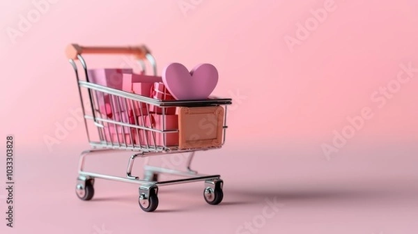 Fototapeta Pink Shopping Cart Filled with Gifts and a Heart for Valentine s Day Concept