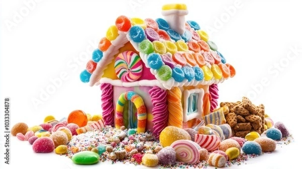 Obraz Colorful candy-coated gingerbread house with assorted sweets