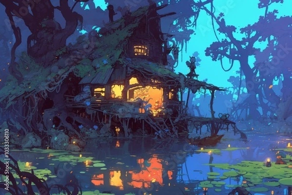 Obraz A decrepit shack in a swamp, with eerie will-o'-the-wisps, cozy vibe, Generative AI 