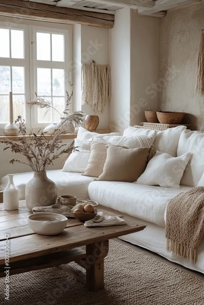 Fototapeta Simple and minimalist composition of living room with white sofa, wooden coffee table, shlef with accessories, personal stuff, and beautiful decorations. Home decor, Generative AI