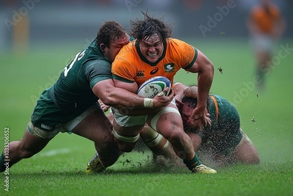 Fototapeta Rugby players blocking the opponent, Generative AI
