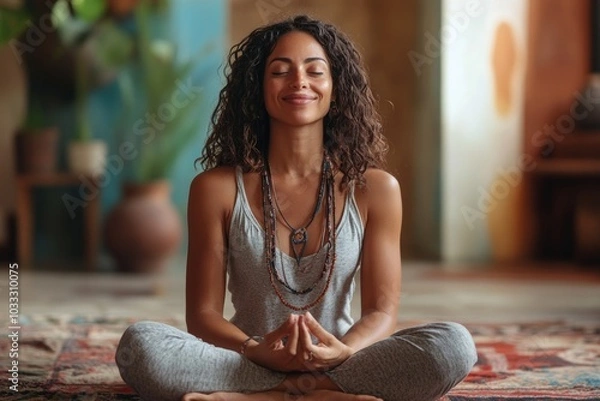 Fototapeta Happy ayurvedic healer streaming a holistic online class at home, Generative AI