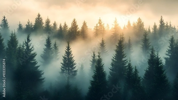 Obraz Misty Forest at Sunrise with Sunlight Piercing Through the Evergreens