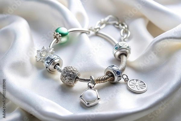 Obraz bracelet with charms on white satin cloth