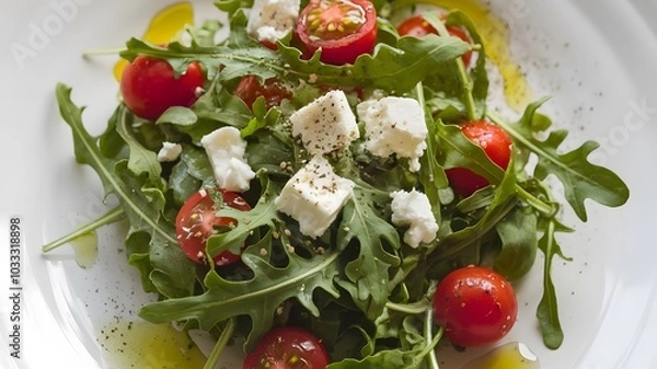 Fototapeta  a fresh salad with arugula, cherry tomatoes, and feta cheese